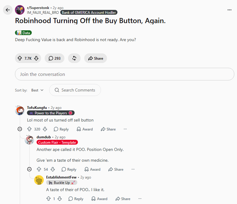 r/Superstonk thread where the term POO (Position Open Only) was coined: 'Another ape called it POO. Position Open Only.'